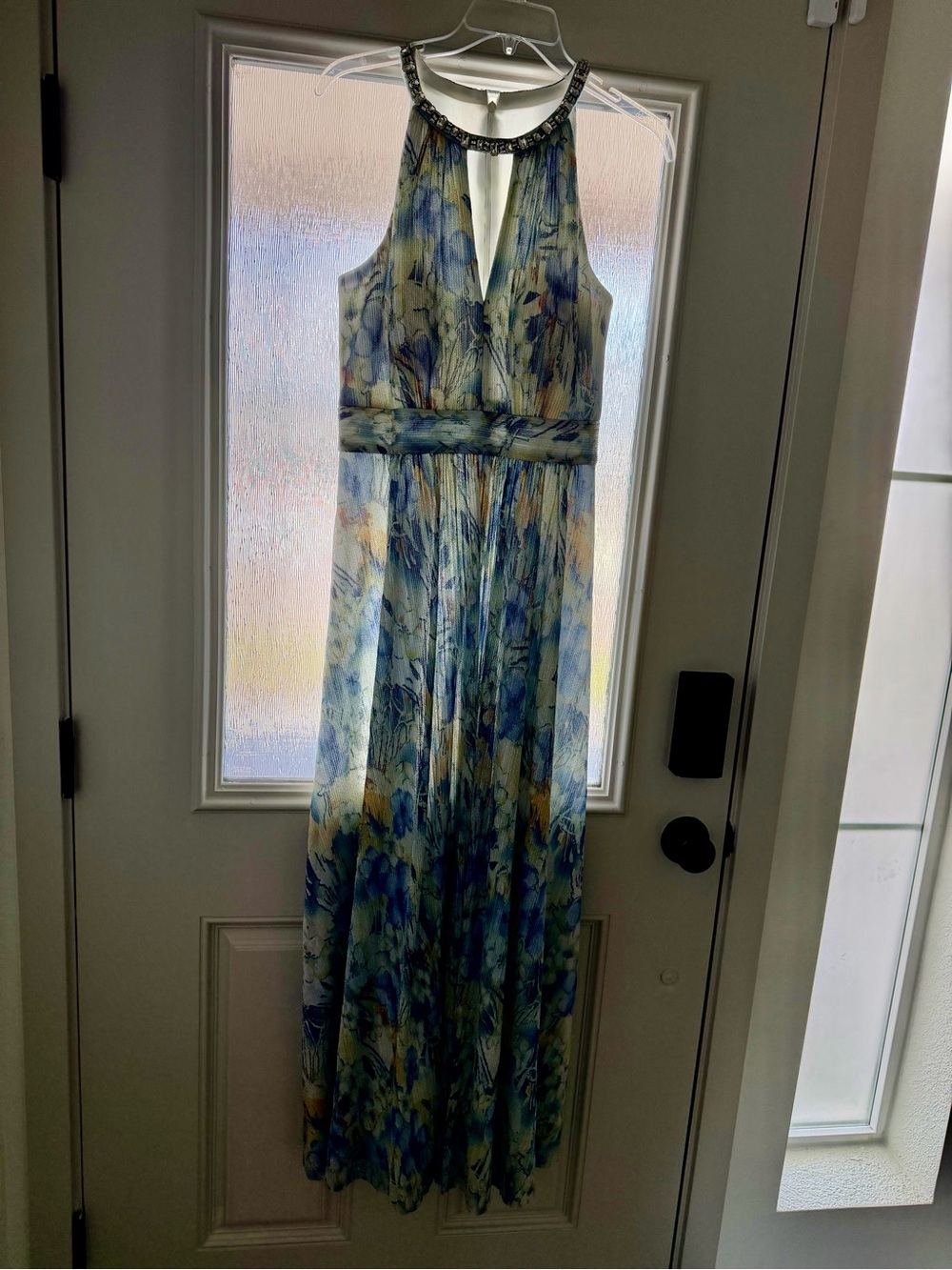 Sleeveless Blue Floral Halter Maxi Dress with Beaded Neckline